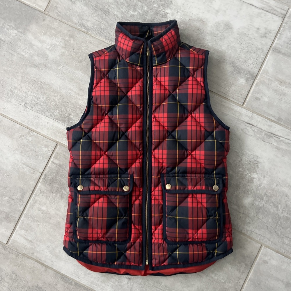 J Crew Vest Womens‎ XXS Tartan Plaid Quilted Full Zip Red Puffer Insulated
